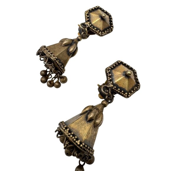 Ethnic Vintage Earrings Gold-Toned Traditional Clip-On Dangling Bells - Picture 4 of 9
